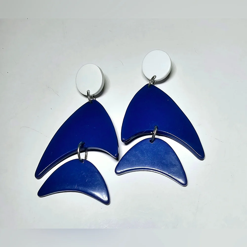 Modern abstract blue and white fish shade post dangle earrings, Nautical, aqua - Picture 4 of 6